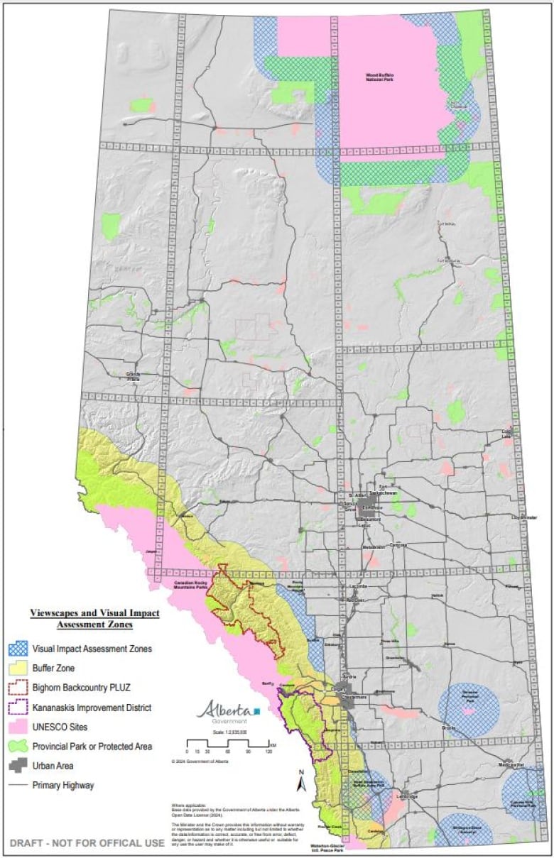 A map of Alberta, showing zones prohibited for renewable power development.