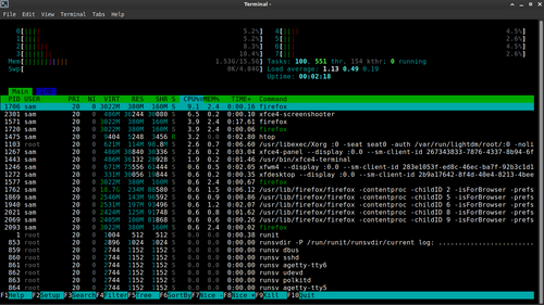 A picture of HTOP in Void showing CPU usage at 5% and RAM usage at 1.53 GB with 5 tabs open in Firefox and an image loaded in GIMP.