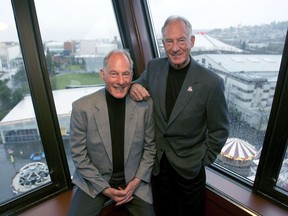 FILE - Legendary Seattle mountain climbers twin brothers Jim, left, and Lou Whittaker celebrate their 80th birthday with a party at the Space Needle in Seattle, Tuesday Feb. 10, 2009. Lou Whittaker, a Seattle-born and -raised mountaineer and glacier travel guide who climbed Mount Rainier more than 250 times, died Sunday, March 24, 2024. He was 95.