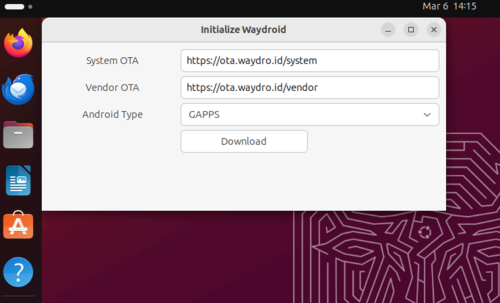 The WayDroid initialization wizard on Ubuntu, showing the download options.