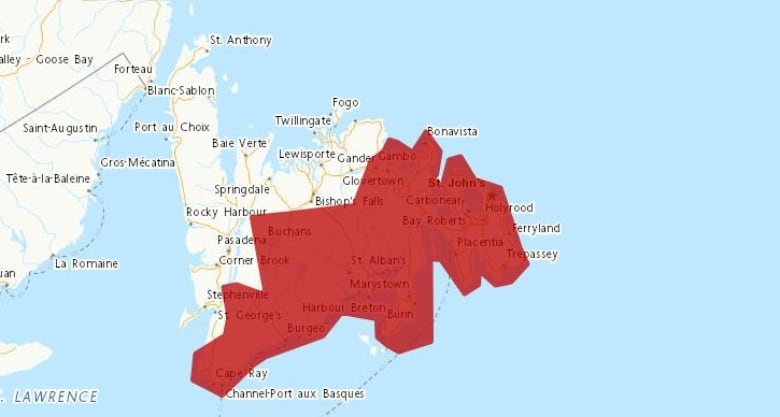 A map of island of Newfoundland with half of land in red.