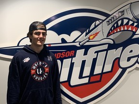 Windsor Spitfires' rookie defenceman Carson Woodall, who is from Belle River, sports one of his Woody's Hoodies at the WFCU Centre. Woodall is launching the 'Woody's Hoodies' campaign as a fundraiser to help support cancer research in the area.