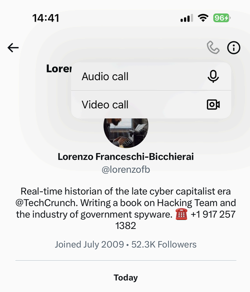 A screenshot of X's audio and video calling feature.