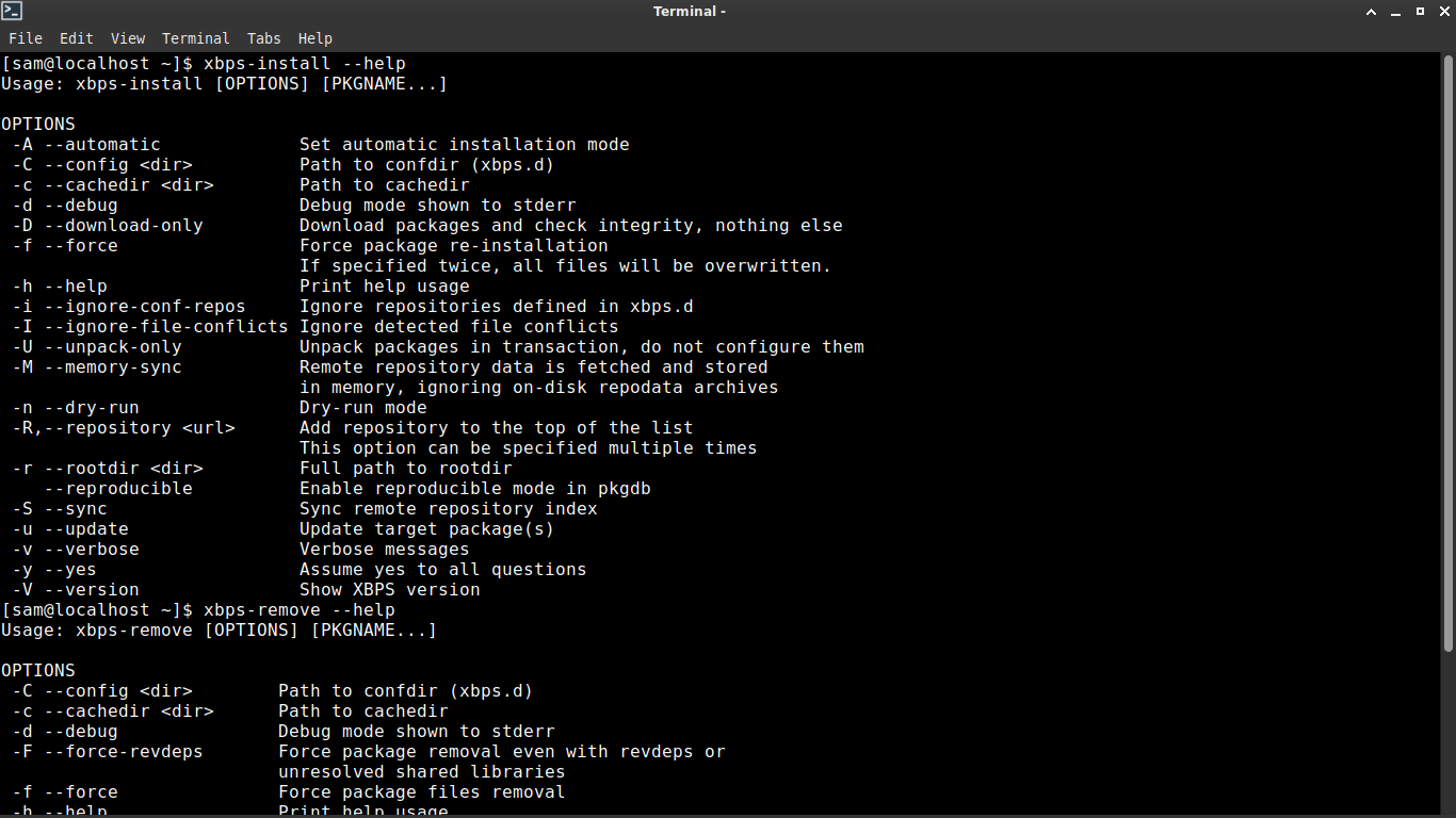 A picture of the terminal displaying options for Void Linux's package manager binaries.