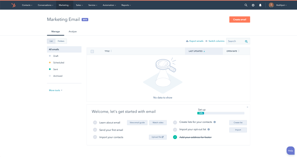 HubSpot email dashboard.