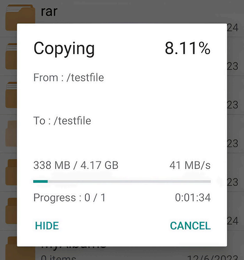 Transfer window, showing the test file moving from the portable drive to the Android phone.