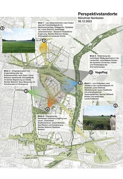 So sieht der grobe Plan für das neue Quartier von oben aus. Die Fotos zeigen, wie es dort heute ausschaut. Der 600 Hektar große Grund gehört 500 verschiedenen Eigentümern. Die Stadt besitzt 150 Hektar.