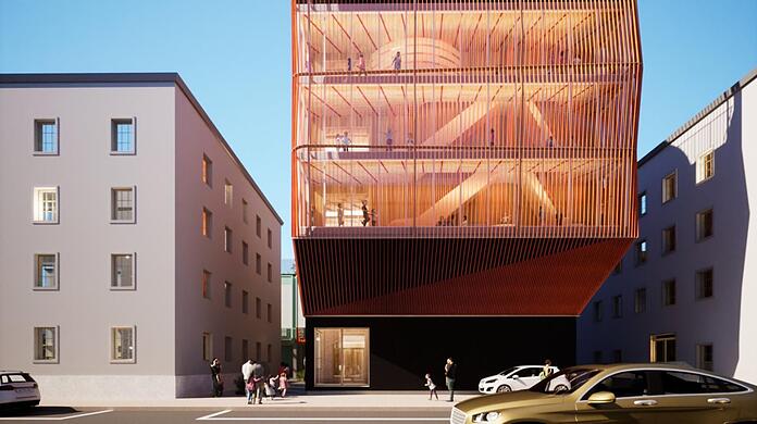 Drei Stockwerke, eine begrünte Rondell-Dachterrasse und orangene Lamellen: Architekt Francis Kéré will in der Gabelsbergerstraße zeigen, dass eine Kindertagesstätte durchaus auch modern aussehen kann.