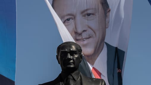 ISTANBUL, TURKEY - MARCH 29: Statue of Mustafa Kemal Ataturk, founder of modern Turkey, seen in front of an election flag of Turkey's President Recep Tayyip Erdogan ahead of the local elections  on March 29, 2024 in Istanbul, Turkey. Turkey will hold municipal elections on Sunday March 31, with President Recep Tayyip Erdogan's AK Party aiming to reclaim cities it lost in 2019, including the country's largest city of Istanbul and the capital Ankara. (Photo by Burak Kara/Getty Images)