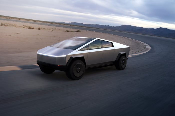 A Tesla Cybertruck on a track