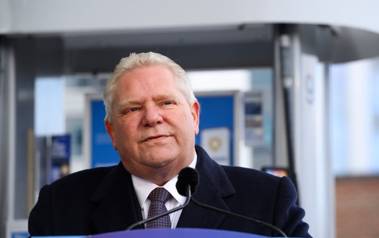 Ontario Premier Doug Ford makes an announcement and answers questions at a news conference in Mississauga on Feb. 13, 2024.