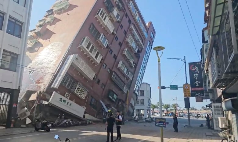 A building tilts after an earthquake