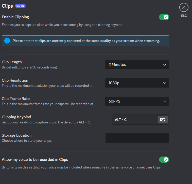 The Clips settings menu on Discord.