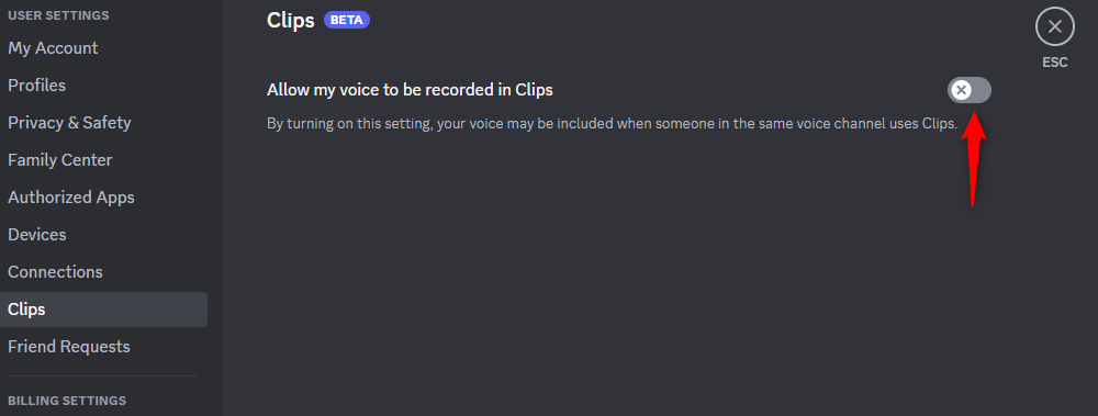 The Discord 'Allow Clips' switch grey and turned off.