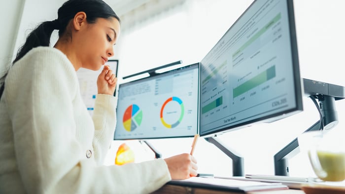 Person sitting at a desk with two computer monitors displaying charts.