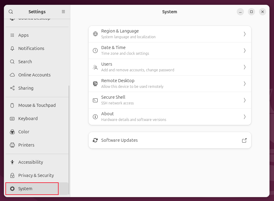 The Files file browser's System option