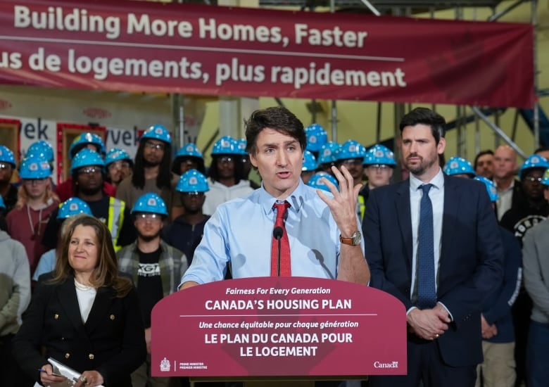 Prime Minister Justin Trudeau speaks about new housing solutions at the CCAT training centre in Woodbridge, Ont., on Friday, April 12, 2024.