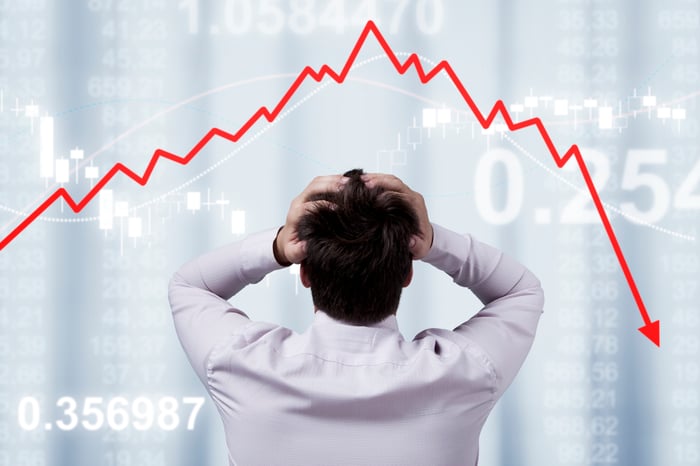 A person has their hands on their head in front of a stock chart going down.