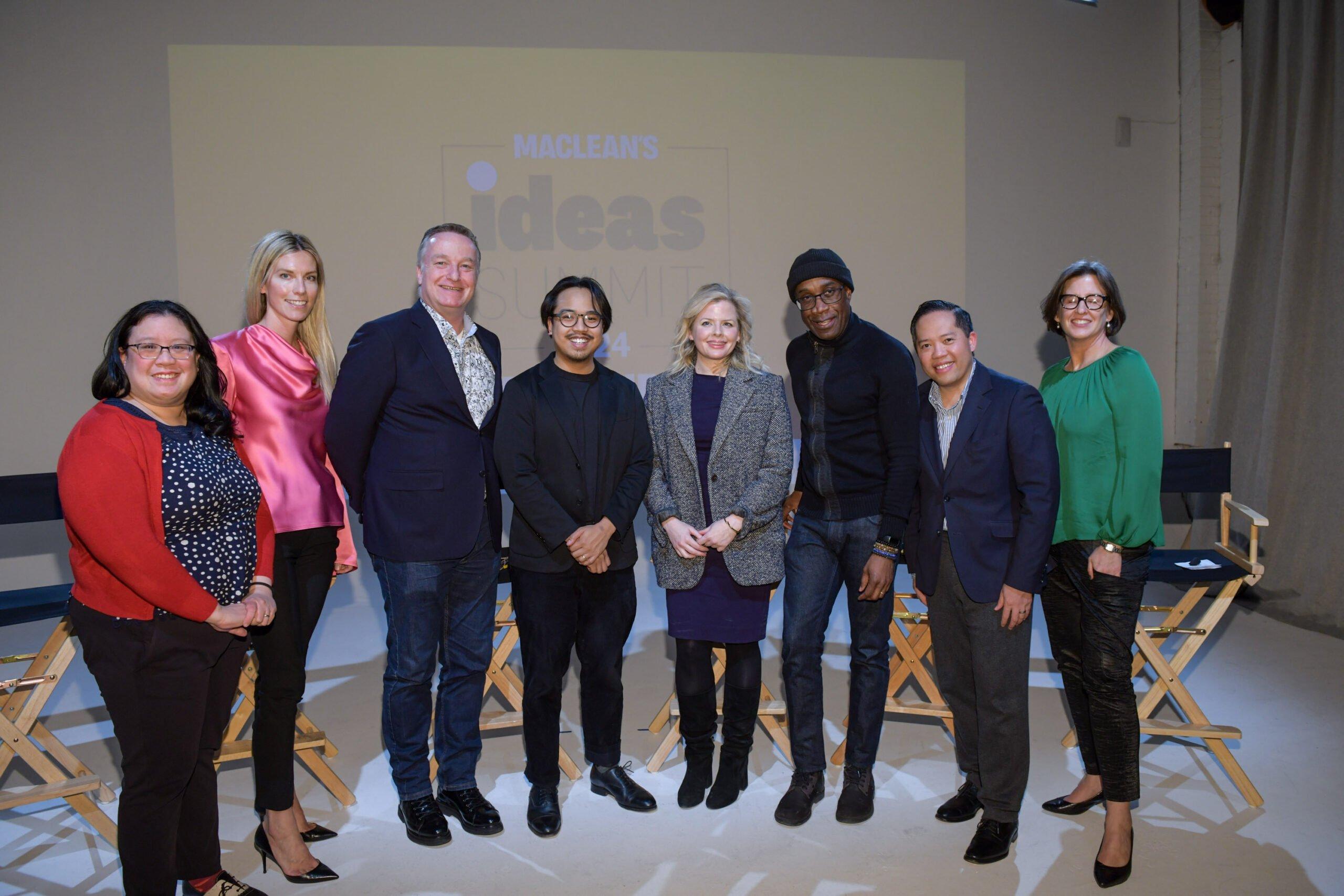 [L to R] Dr. Teresa M. Chan, founding dean of TMU's School of Medicine and vice-president, medical affairs; Magda Grace,  head of Prime Video, Canada, Australia and New Zealand; John Weigelt, national technology officer at Microsoft Canada; Phil De Luna, chief carbon scientist and head of engineering, Deep Sky; Laura Miller, public policy and communications leader, Uber Canada; Clement Virgo, a leading Canadian film director; Jason Maghanoy, publisher, Macleanâs; and Sarah Fulford, editor-in-chief of Macleanâs.