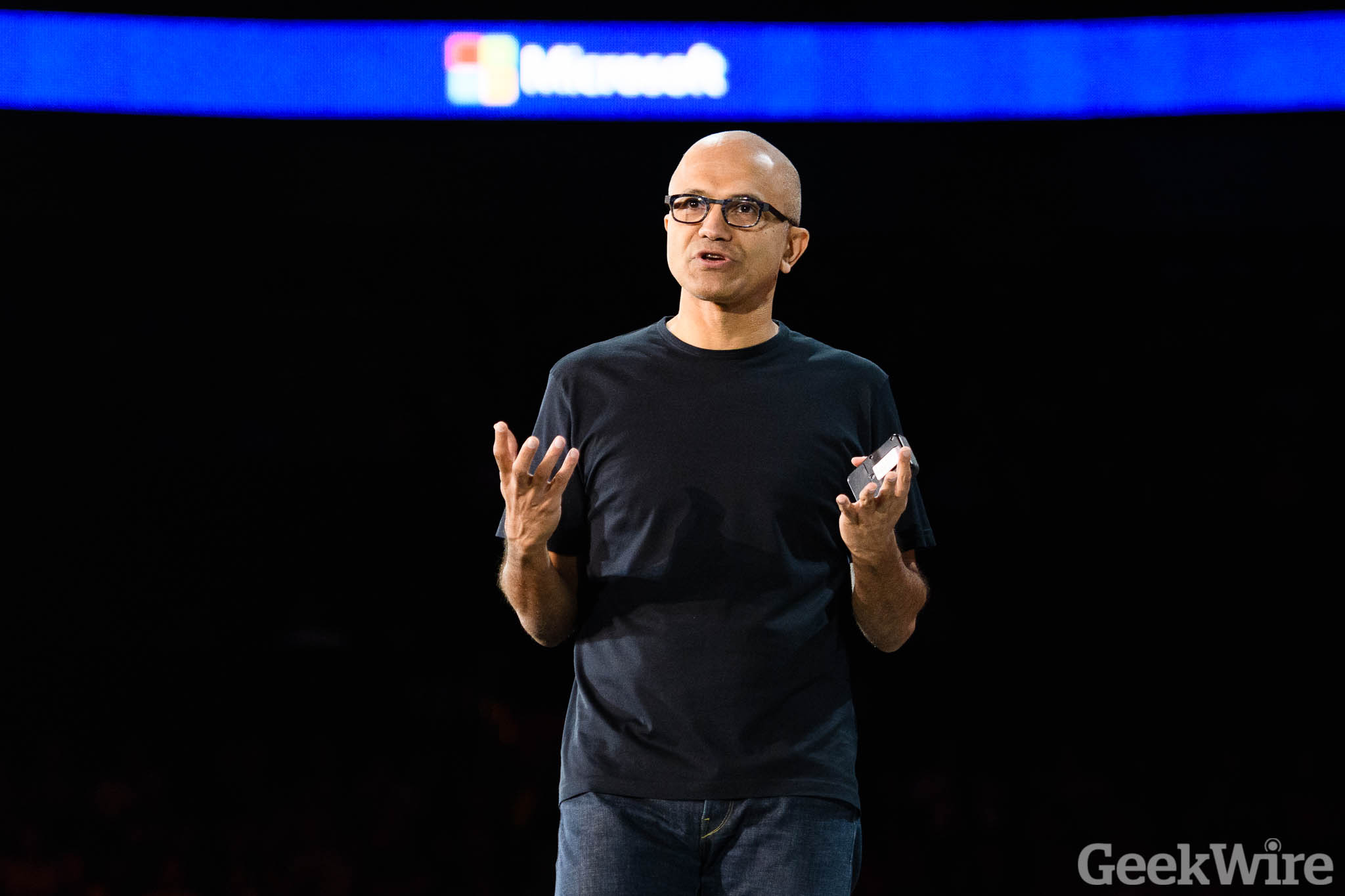 Satya Nadella, Microsoft CEO, speaks at a conference.