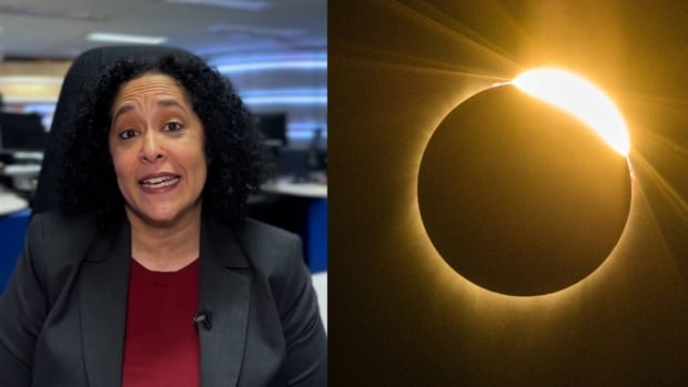 In this collage photo, a woman speaks to camera on the left as a solar eclipse is pictured on the right.