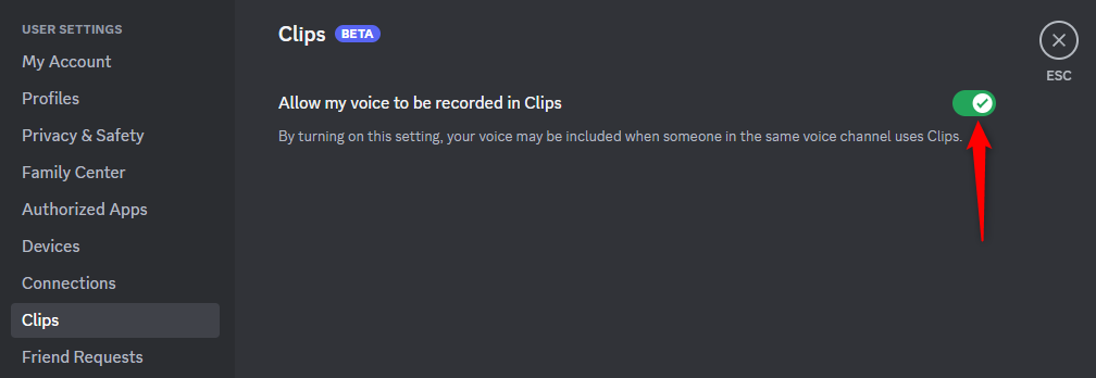 The Discord Clips toggle on Windows.