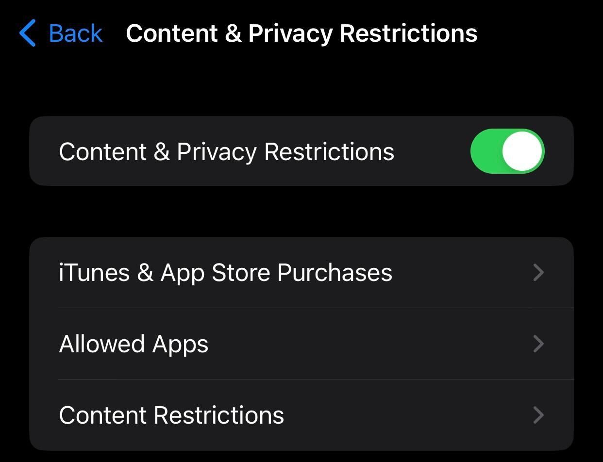 Enabling the content and privacy restrictions on iPhone.