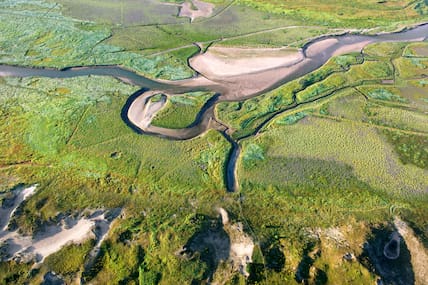 Luftaufnahme vom Naturschutzgebiet Het Zwin, das auch als Flughafen für Vögel bezeichnet wird. 