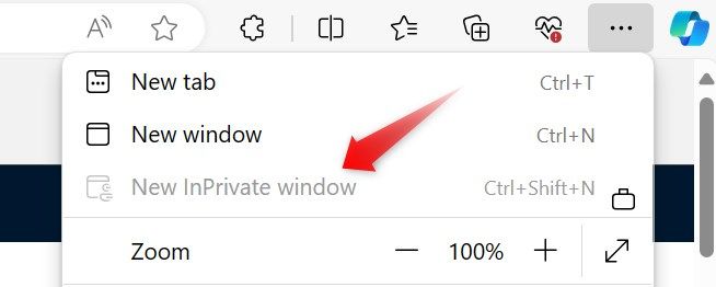 New Inprivate window option grayed out in Microsoft Edge on Windows.