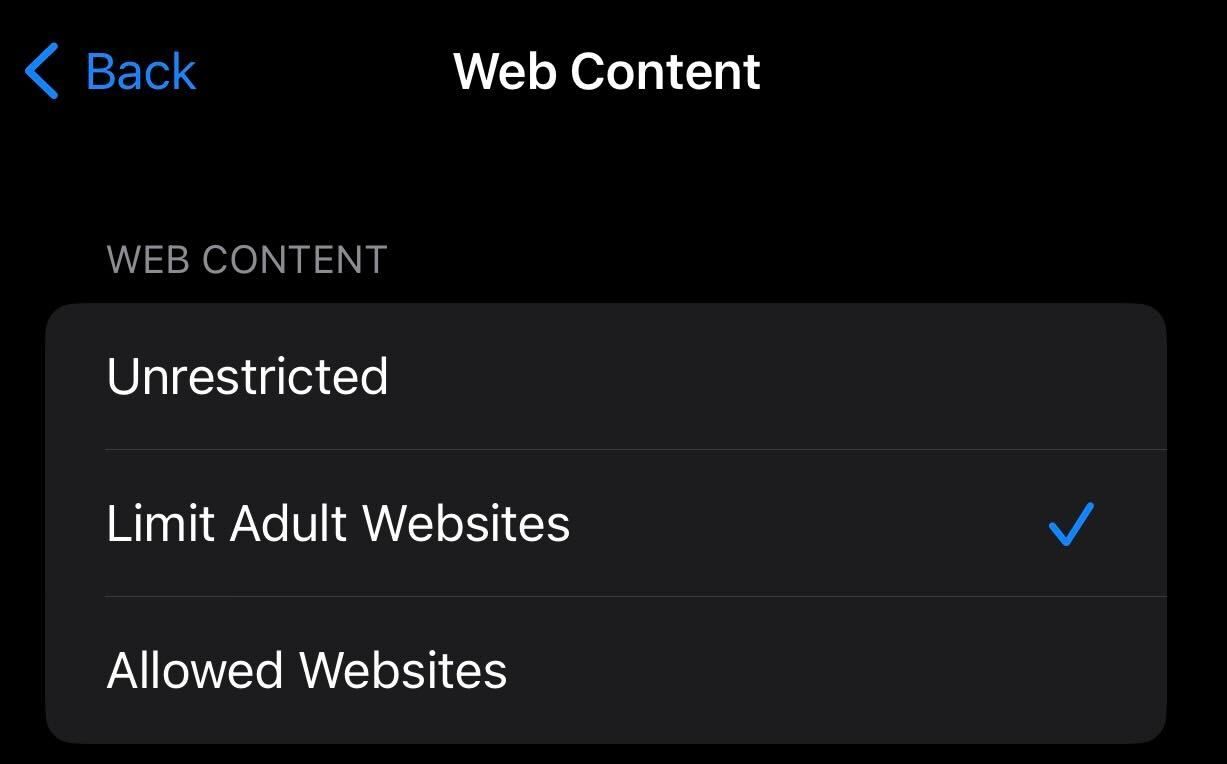 Turning off access to adult websites in the screen time settings on iPhone.