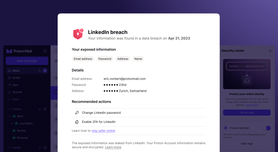 An example of a breach alert from Proton Mail