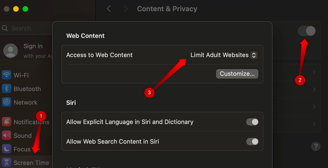 Disabling the adult content from the content and privacy settings on macOS.