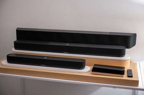 Sennheiser AMBEO Soundbar Mini alongside the AMBEO Soundbar Plus and AMBEO Soundbar Max.