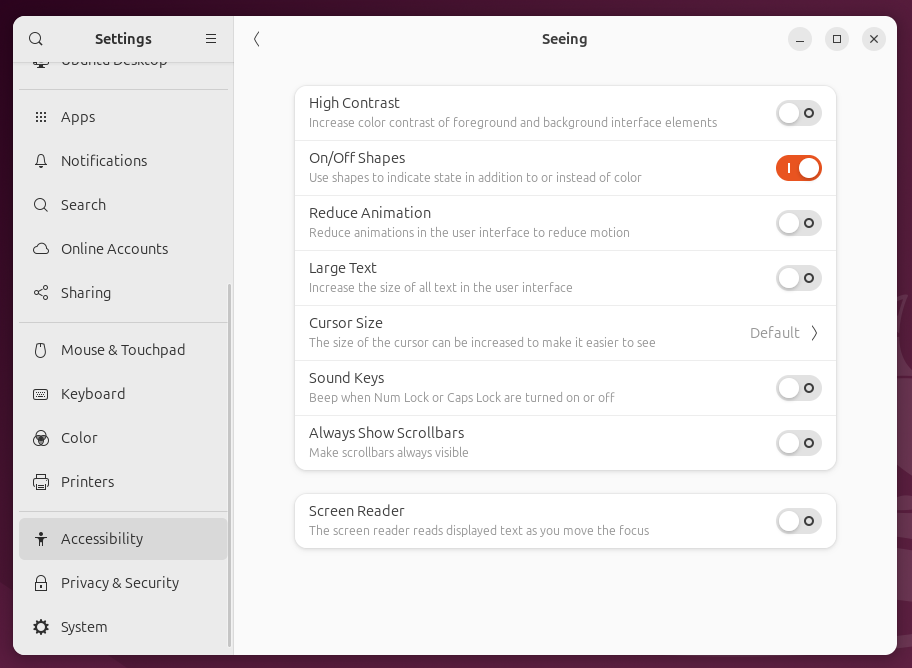 The Files file browser's On/Off Shapes option on the Accessibility Seeingscreen