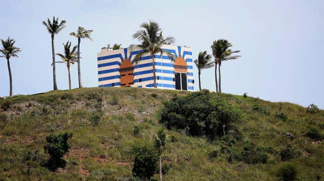 A blue-striped structure sits on a lookout point on Little St. James  Island, in the U. S. Virgin Islands, a property owned by Jeffrey  Epstein, Wednesday, Aug. 14, 2019.