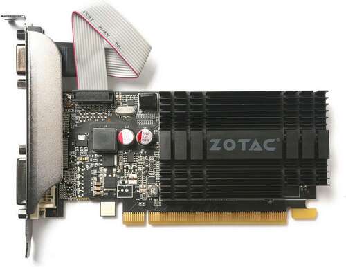 A ZOTAC GeForce GT 710 passively-cooled graphics card.