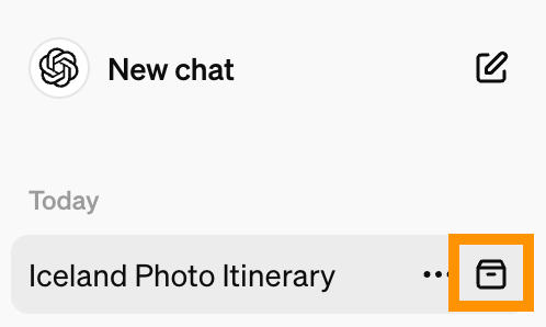 ChatGPT side panel with chat listed and archive icon highlighted