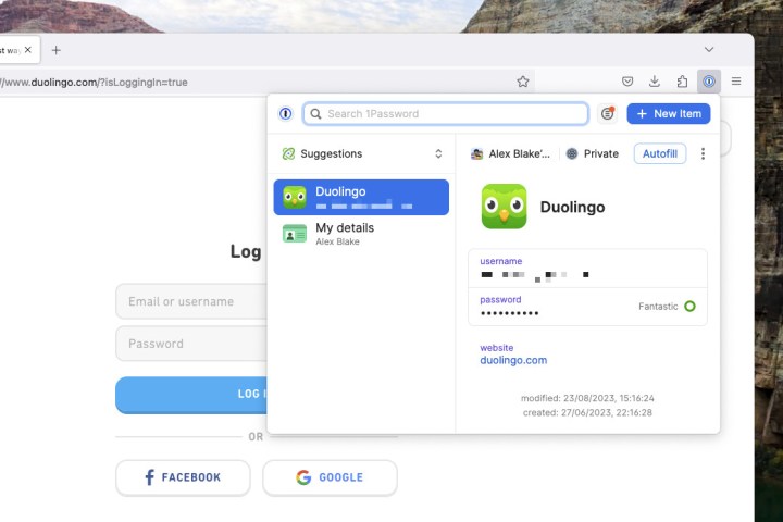 The 1Password browser extension in Firefox, showing an autofill option for Duolingo.