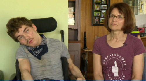 Pam Bristol (right) is pictured with her 18-year-old son David Rheault (left) at their home in Regina.