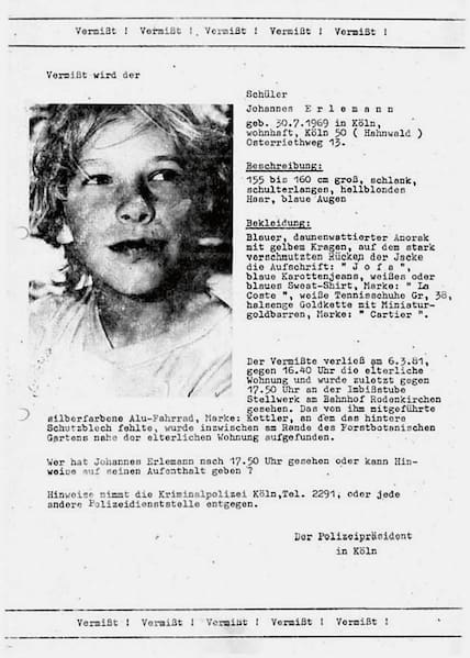 Mit diesem Steckbrief wurde 1981 von der Polizei nach Johannes Erlemann gesucht.