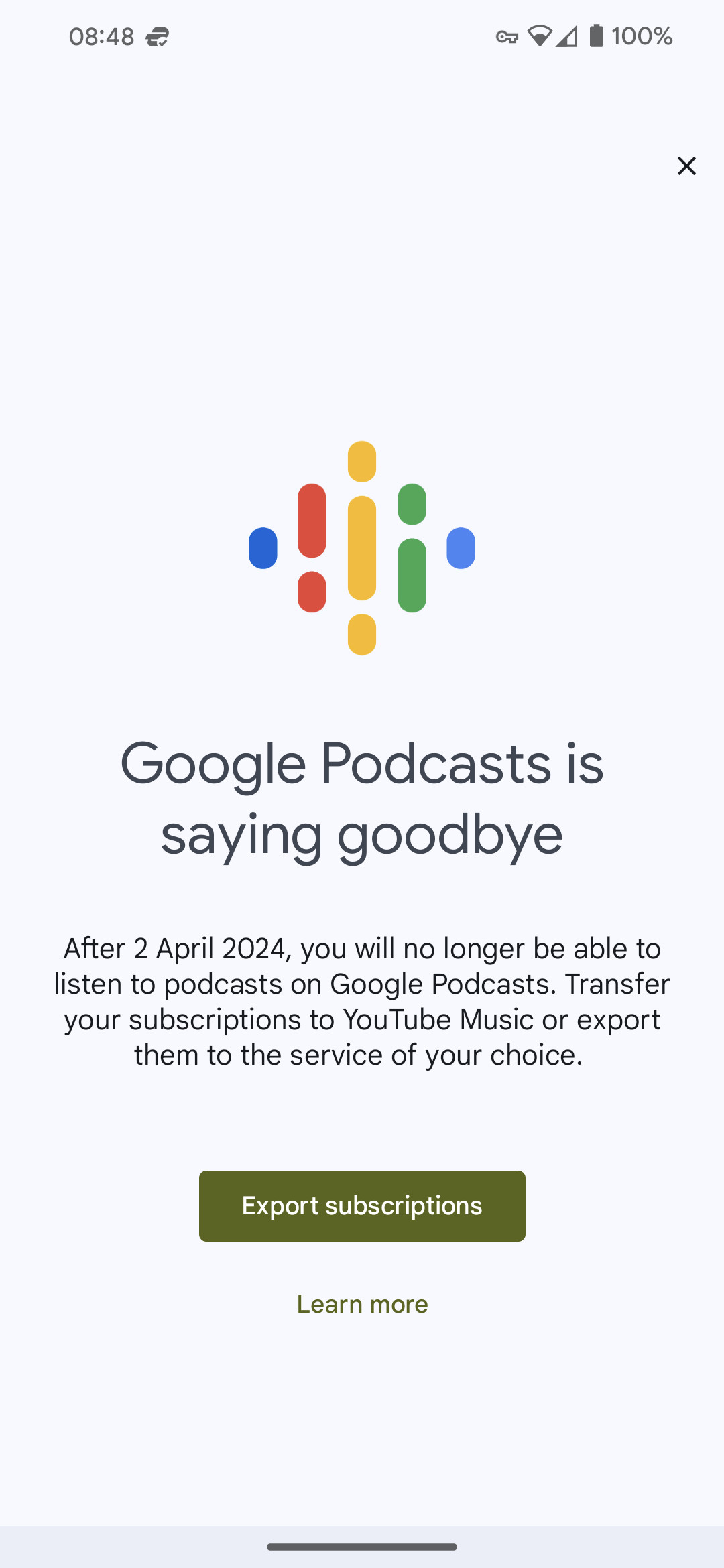 Google Podcasts shutdown notice