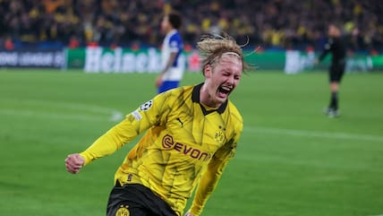 Julian Brandt jubelt über sein Tor im Viertelfinale der Champions League gegen Atlético Madrid.