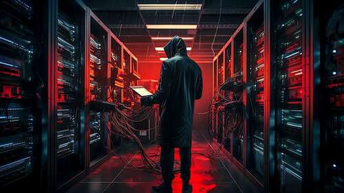 Hacker attacking a computer room