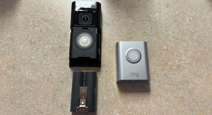 The battery and faceplate removed from Ring Battery Doorbell Pro.