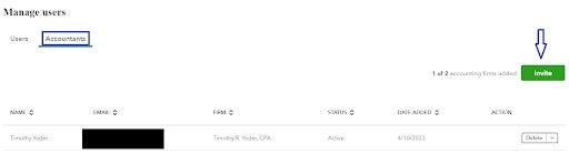 Screenshot demonstrating how to invite an accountant user.