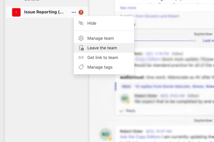 Leave Microsoft Teams Menu.