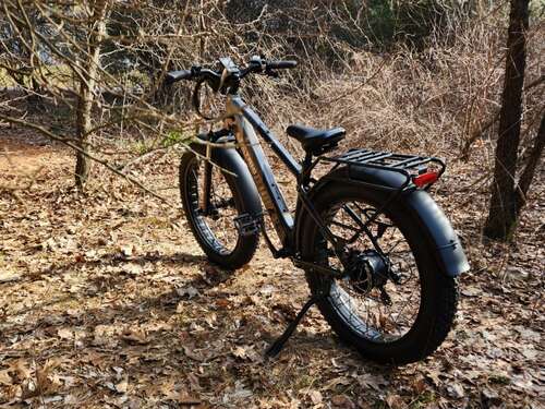 Lectric XPeak left rear three-quarter view parked on forest path.