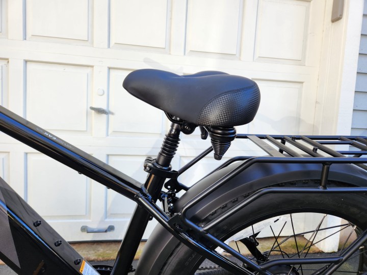 Lectric XPeak with optional comfort package includes a suspension seat post and a thicker, cushier seat.