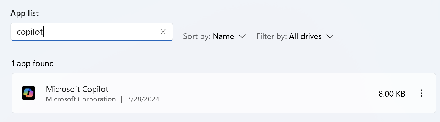 Copilot app in the Windows app list