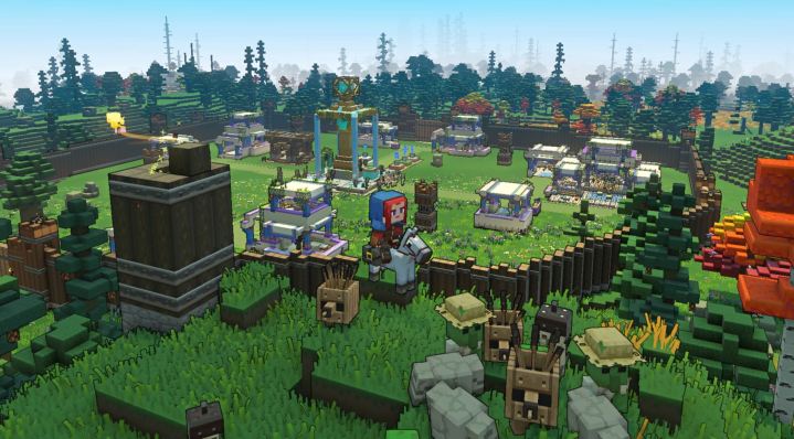 A player stands outside their village with mobs in Minecraft Legends.